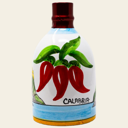 Monocultivar Chili Oil in a 8.4fl.oz (250ml) Hand Crafted Ceramic Bottle. Made with Spicy Paprika Extract Flavor from Calabria. CALABRIA CHILI