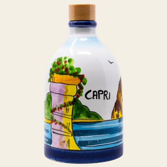 Monocultivar Extra Virgin Olive Oil in a 8.4fl.oz (250ml) Hand Crafted Ceramic Bottle. CAPRI