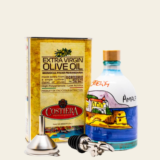 Amalfi Combo - 1LT Tin & filled Amalfi ceramic bottle + Spout & FREE Funnel