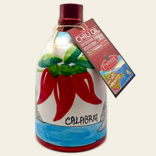 Monocultivar Chili Oil in a 8.4fl.oz (250ml) Hand Crafted Ceramic Bottle. Made with Spicy Paprika Extract Flavor from Calabria. CALABRIA CHILI