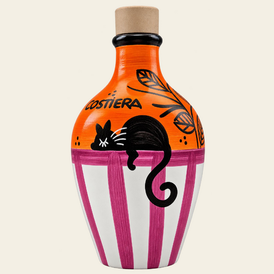 HALLOWEEN CAT & WITCH -- LIMITED EDITION -- Monocultivar Extra Virgin Olive Oil 8.4fl.oz (250ml) Hand Crafted Ceramic Amphora Style Bottle