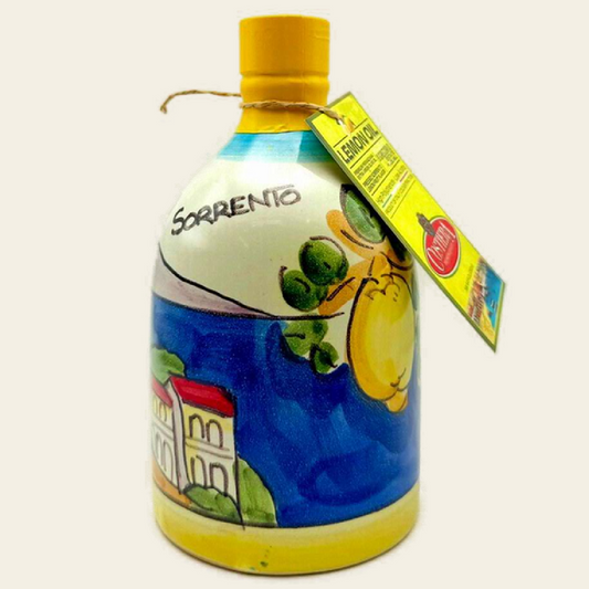 Monocultivar Sorrento Lemon Oil in 8.4fl.oz (250ml) Hand Crafted Ceramic Bottle. Made with cold pressed Sorrento's Lemon Fruit Flavor. SORRENTO LEMON