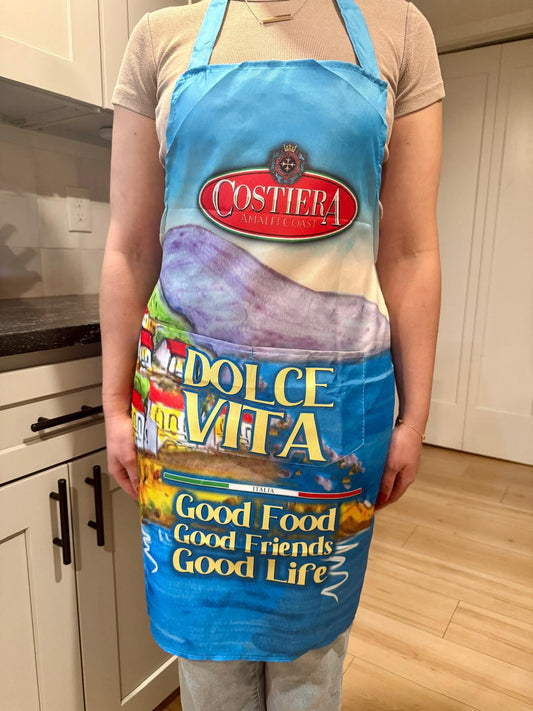 APRON - Costiera branded Aprons with 2 front pockets. "DOLCE VITA," stands for good food, friendship, conviviality, and enjoying time together. Size 28.7 (h) x 25.6