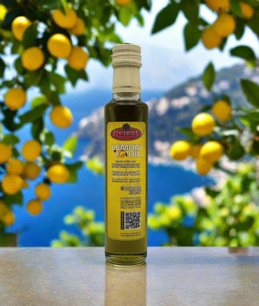 Monocultivar Lemon Oil in 250ml Glass Bottle. Made with cold pressed Sorrento's Lemon Fruit Flavor.