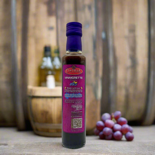 Monocultivar Vinaigrette in 250ml Glass Bottle. Made with our Premium EVOO and Aged IGP Balsamic Vinegar of Modena