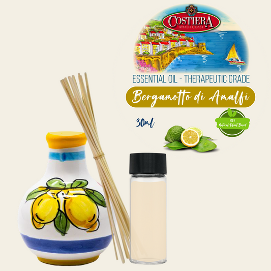 Costiera Aromatherapy Kit - 30ml Bergamotto di Amalfi (Amalfi Bergamot) Essential Oil + Empty small Lemon bottle + 5 Reed sticks