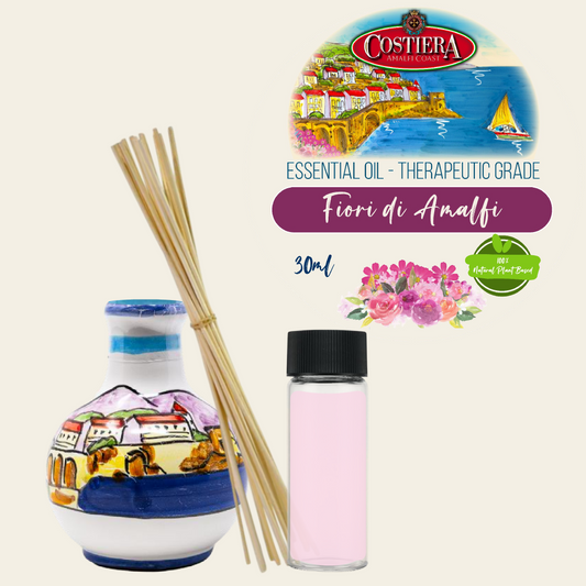 Costiera Aromatherapy Kit - 30ml Fiori di Amalfi (Amalfi Flowers) Essential Oil + Empty small Amalfi bottle + 5 Reed sticks