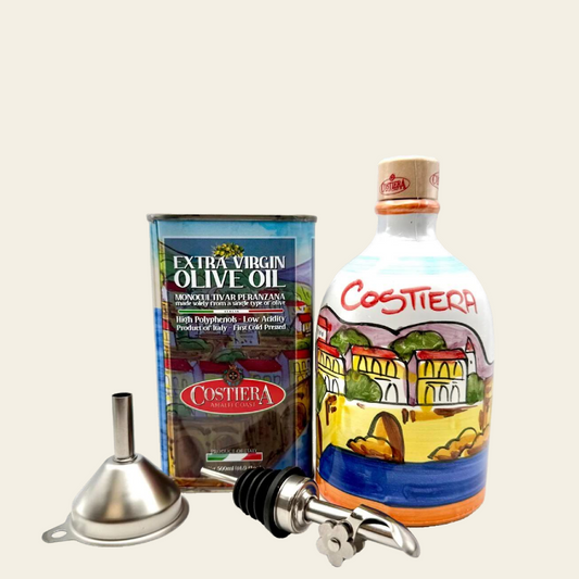 Amalfi Small Combo - 500ML Tin & filled Amalfi ceramic bottle + Spout & FREE Funnel