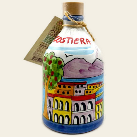 Monocultivar Extra Virgin Olive Oil in a 8.4fl.oz (250ml) Hand Crafted Ceramic Bottle. NAPOLI
