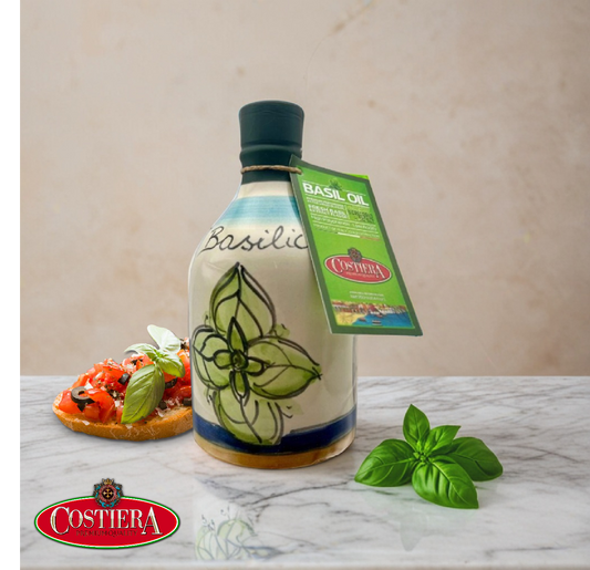 Basil Oil. Premium Mono Cultivar EVOO with with Fresh Basil Extract Flavors in 8.4fl.oz (250ml) Hand Crafted Ceramic Bottle. 100% Product of Italy.