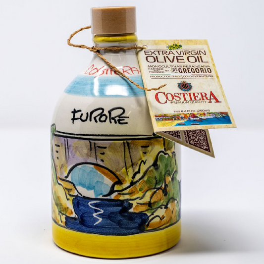 Premium Monocultivar Extra Virgin Olive Oil in a 8.4fl.oz (250ml) Hand Crafted Ceramic Bottle. FURORE