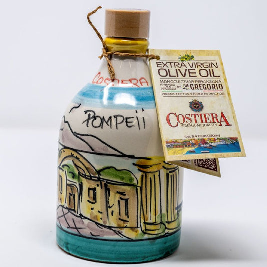 Premium Monocultivar Extra Virgin Olive Oil in a 8.4fl.oz (250ml) Hand Crafted Ceramic Bottle. POMPEII