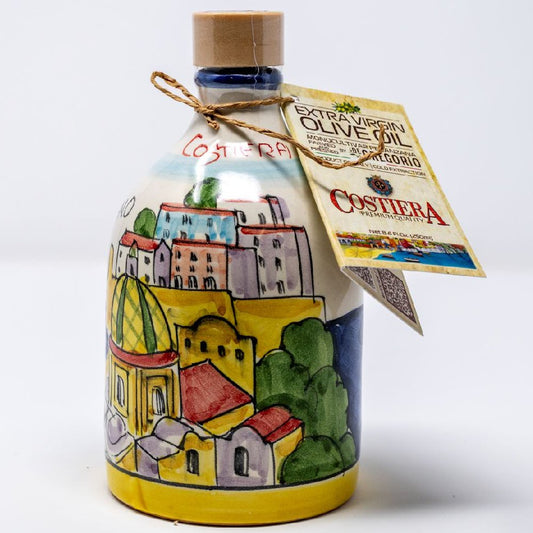 Costiera Premium Monocultivar Extra Virgin Olive Oil in a 8.4fl.oz (250ml) Hand Crafted Ceramic Bottle. POSITANO