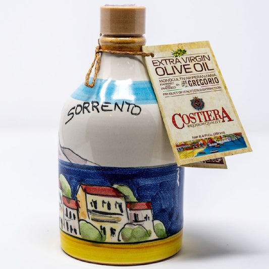 Premium Monocultivar Extra Virgin Olive Oil in a 8.4fl.oz (250ml) Hand Crafted Ceramic Bottle. SORRENTO